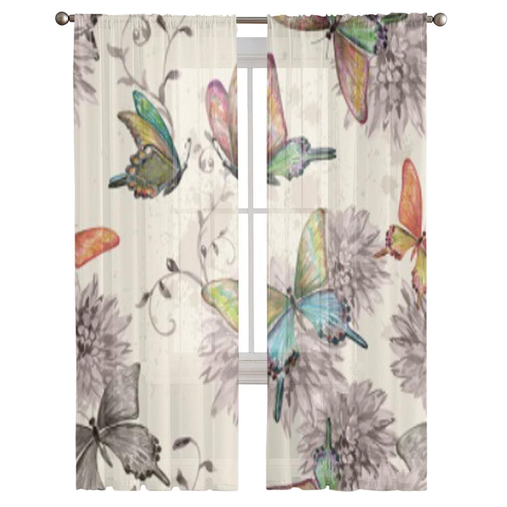 Vintage Flying Butterflies Sheer Curtains for Living Room Transparent Tulle Window Curtain Bedroom Kitchen Decor Veil Drapes