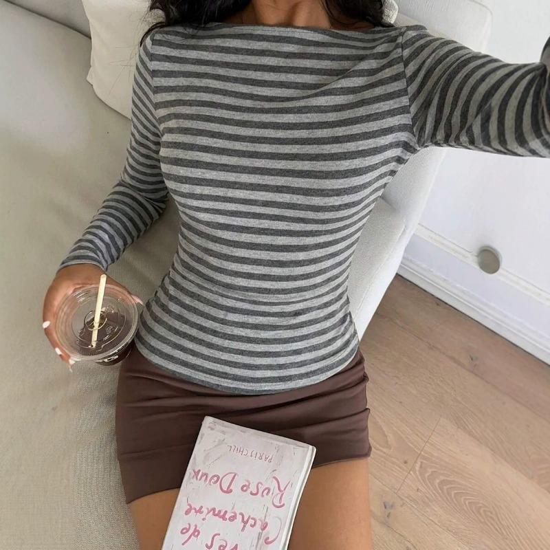 Women Color Matching Striped Slim Fit Long Sleeve Casual Basic T Shirt