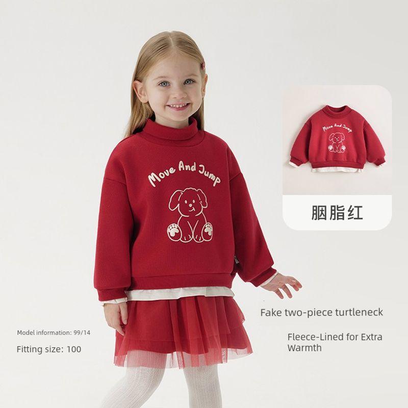 [Fleece-Lined] Mark Jenny Girls  Cute Bear Faux Two-Piece Turtleneck Sweatshirt Baby New Year Red Winter Outfit 541925 Carmine 130
