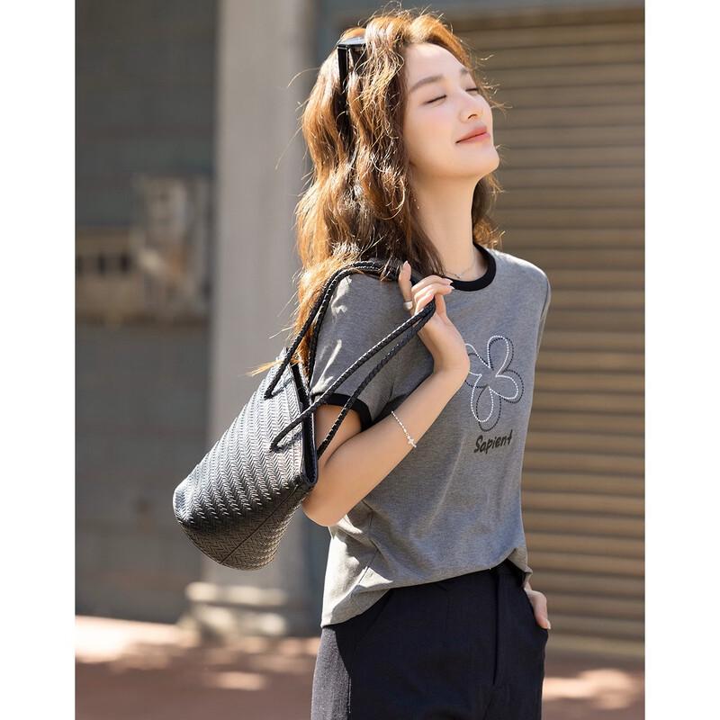 DEMANA Women's Ribbed Letter Print T-Shirt