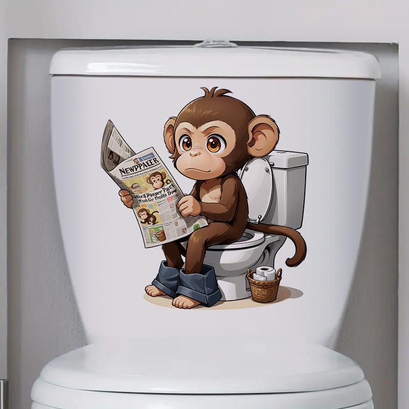 3D Funny Cartoon Monkey Reading Newspaper Toilet Wall Sticker Self-Adhesive Waterproof Removable Bathroom Home Decor Art