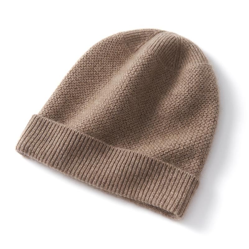100%Cashmere Neutral Thick Warm Knitted Hat Winter Solid Color Pullover Cold Hat Women s Street Yarn Flanging Pullover Hat Men верблюд