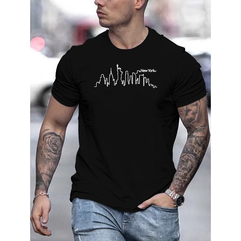 

European Size New York City Skyline Print Tee Shirt, Tees For Men, Casual Short Sleeve T-shirt For Summer 4XL чорний