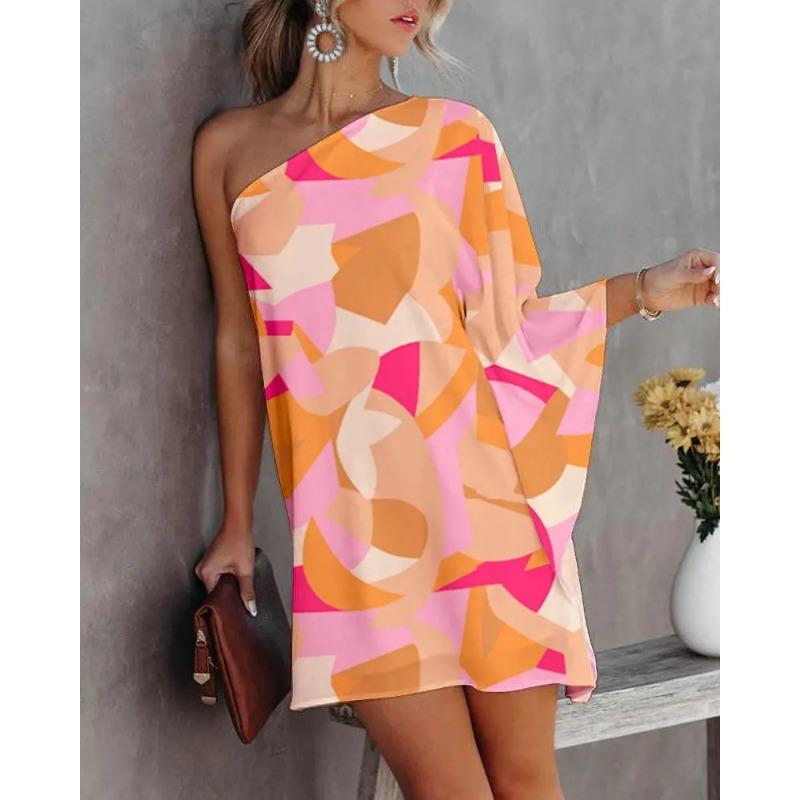 

Spring and summer new positioning printing gradual change color shoulder casual dress 3XL