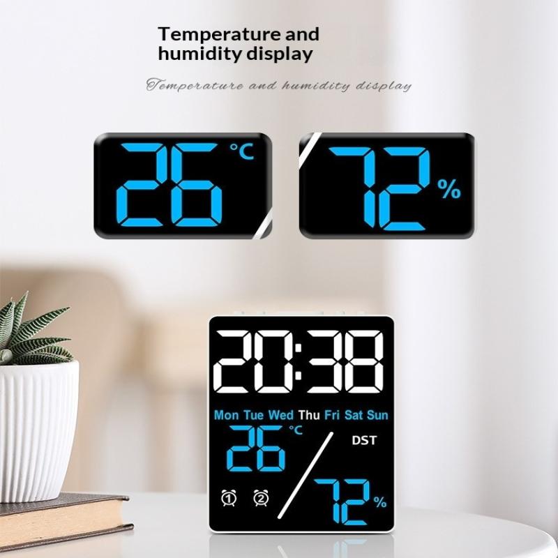 Digital Alarm Clock Temp Humidity Date Week Disply 2 Alarm Snooze Electronic Table Clock 3-Level Brightness 12/24H Dst Led Clock