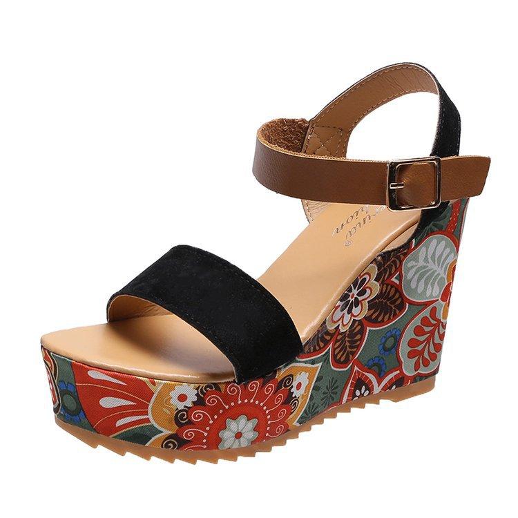 Women Sandals Shoes Printing Slope Heel High Waterproof Platform Ladies Ankle Strap Female Round Toe Summer Fashion Colorful
