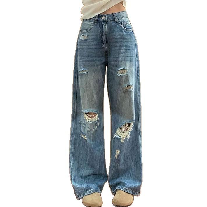 Comfortable Wide-leg Large Yards Hole Broken Jeans Women Autumn Pear Shaped Body Loose Skinny Straight Trousers Jeans for Women Long Denim Pants