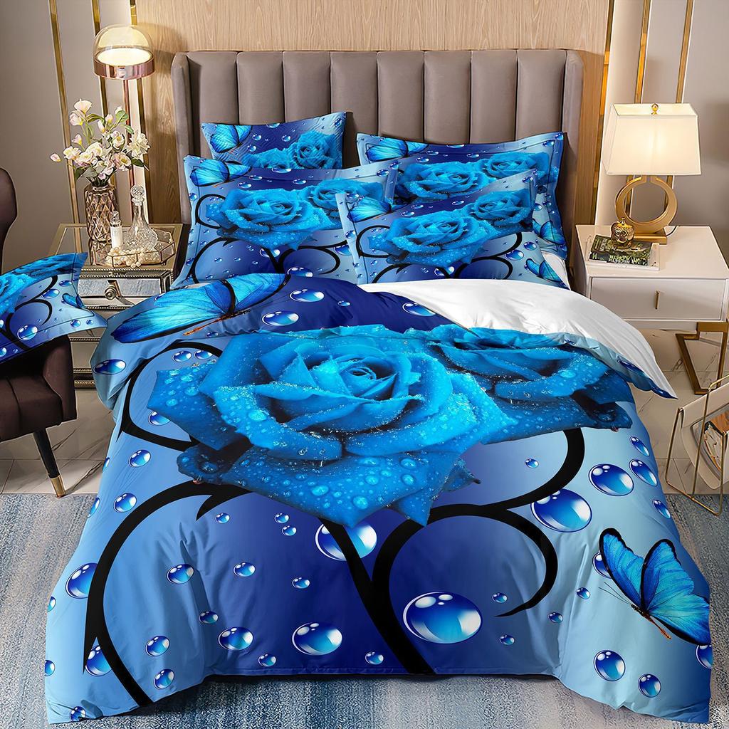 Three-Piece Rose Floral Style 3D Printed Quilt Cover Home Textile Bedding Kit