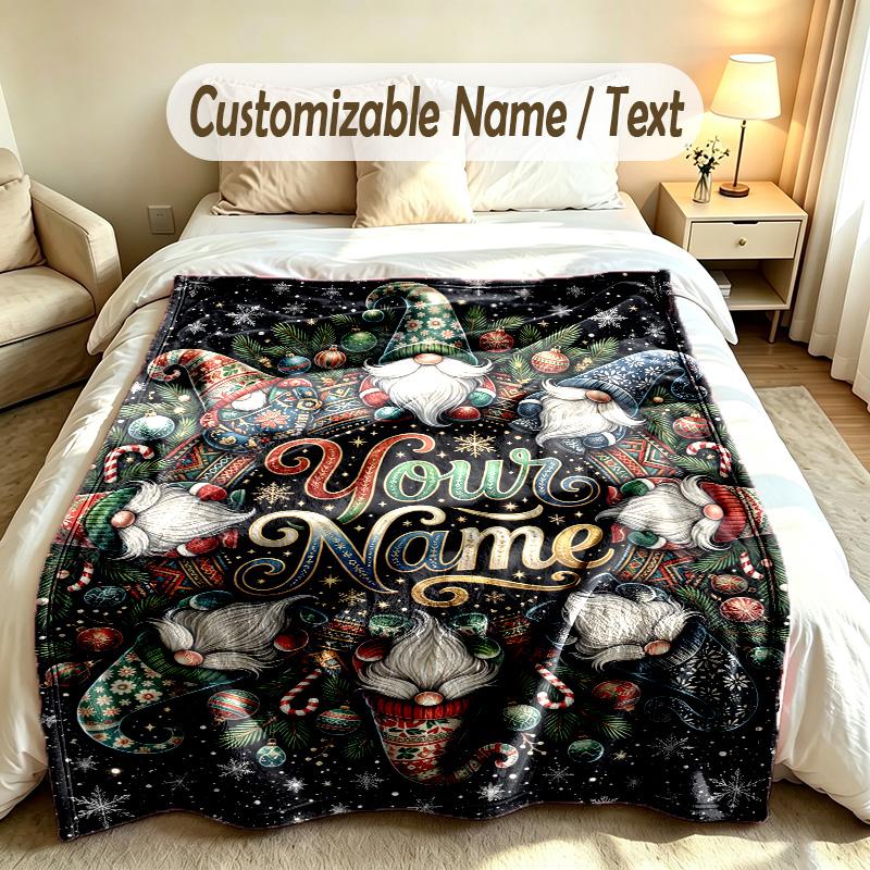 Gnome Theme Custom Blanket Personalized Name & Text Customized Soft Warm Throw Blanket Home Decor