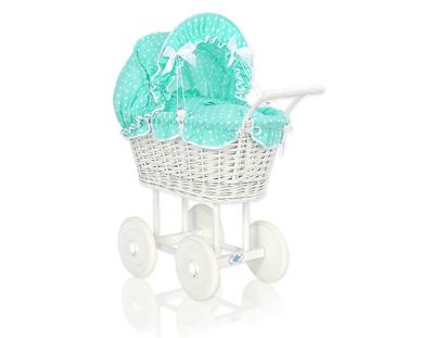Tall Wicker Doll Stroller with Mint Bedding and Lining - White