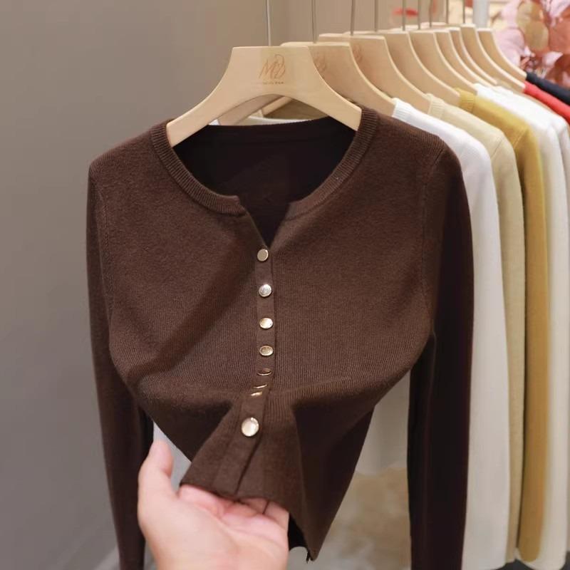 Gentle style solid color metal buckle simple short knitted long-sleeved cardigan v-neck sweater women's autumn and winter top