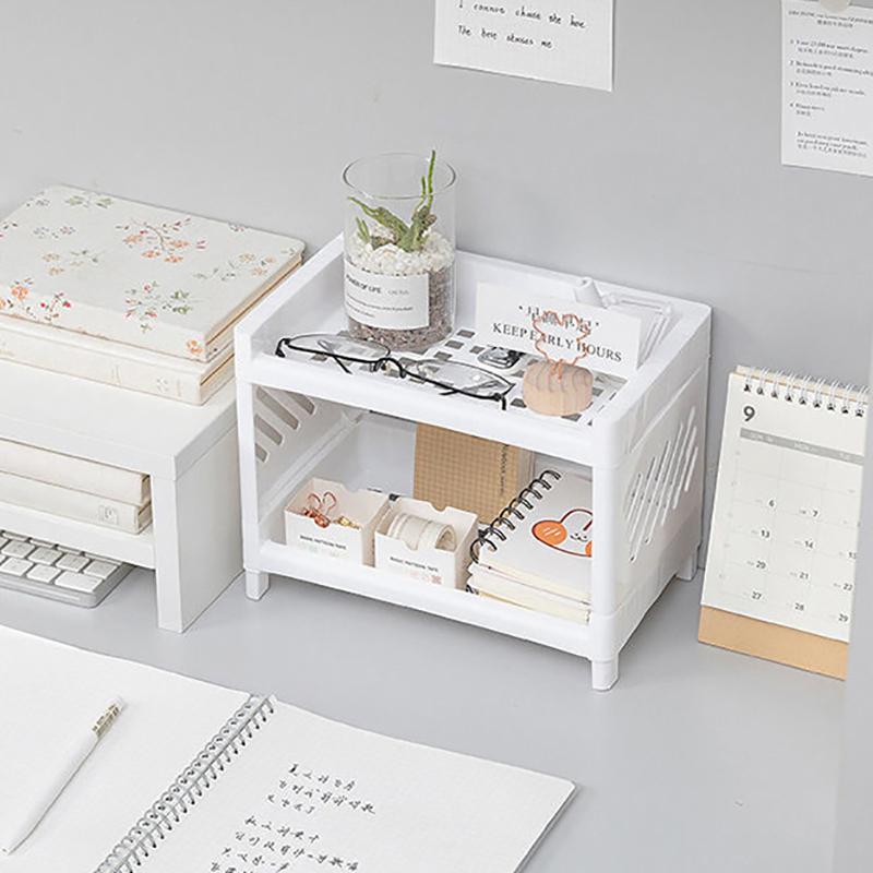 Minimalist Pp Desktop Double Layer Storage Rack Rectangular Organizing Student Desk Office Cosmetics Stationery Storage Shelf