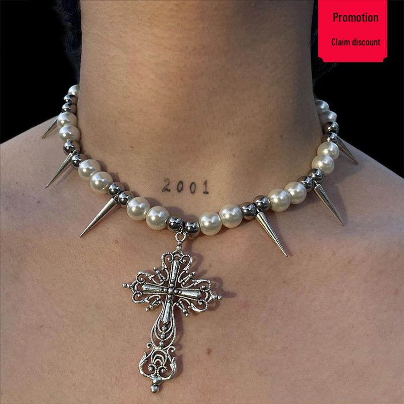 Trendy Cross Rivet Tassel Pearl Choker Necklace