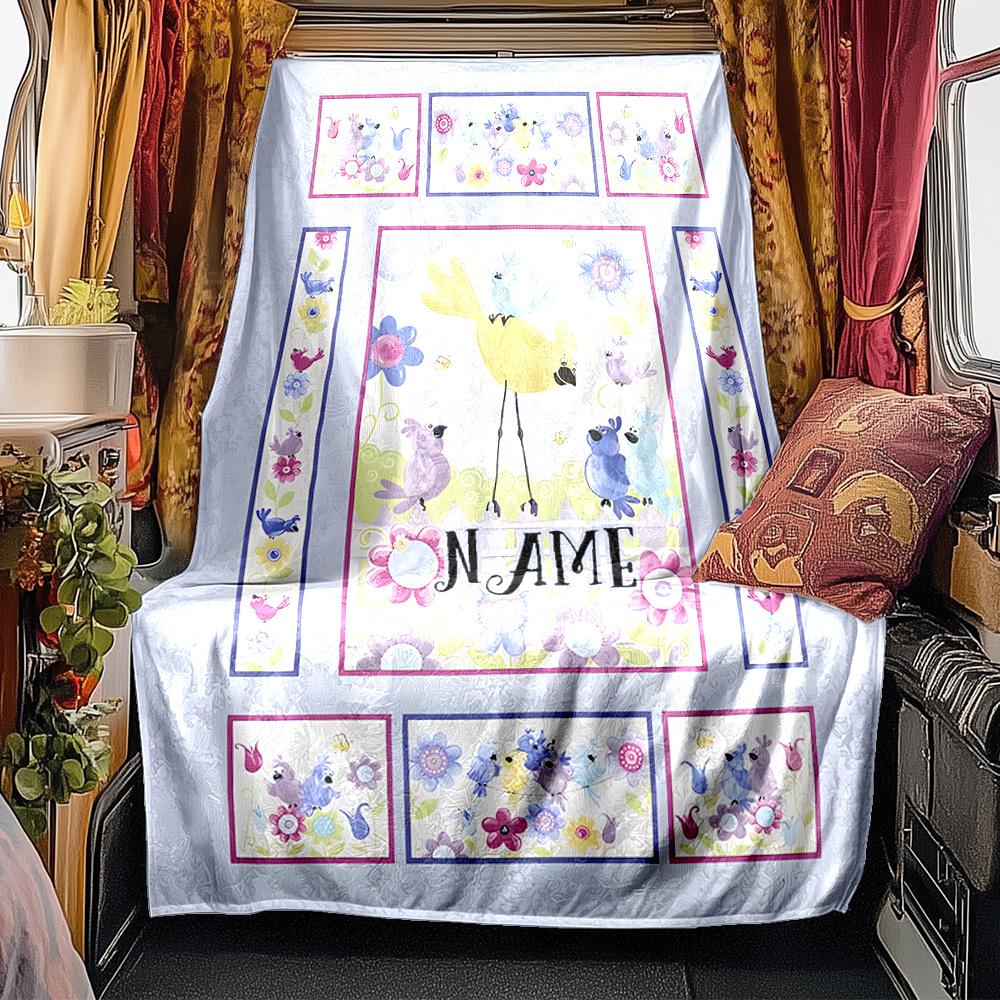 Bird Flowers Hearts Blanket Personalized Name Soft Comfortable Stylish Blanket Car Blanket Perfect For Travel Camping Outdoor Home Suitable For All
