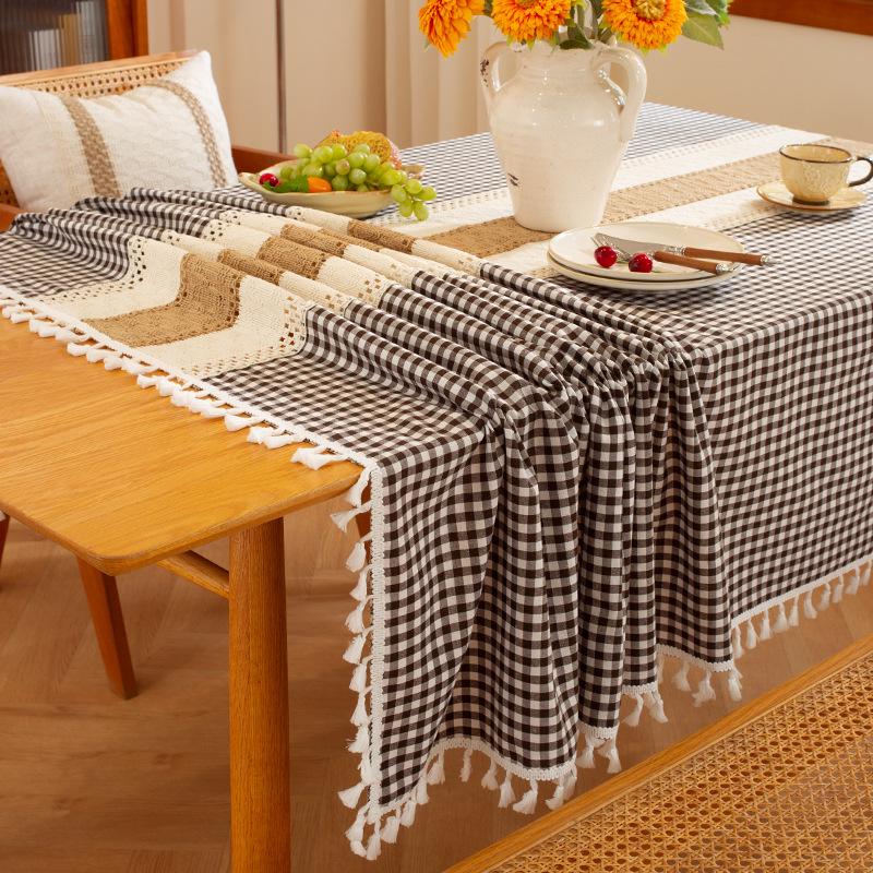 Nordic Classic Patchwork Tablecloth with Tassels - Dustproof Decorative Imitation Cotton Linen