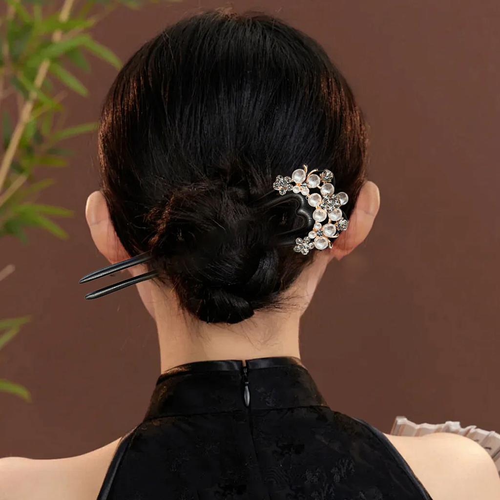 Black U-Shape Double Hairpin Handcrafted Hair Sticks for Women Traditional Chinese Hanfu Qipao Wedding Hair Accessories 15cm