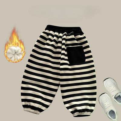 Children's Winter Plus Velvet Thick Warm Striped Pants, Western Style, Small and Medium-sized Children's Boys and Girls Drawstring Pants