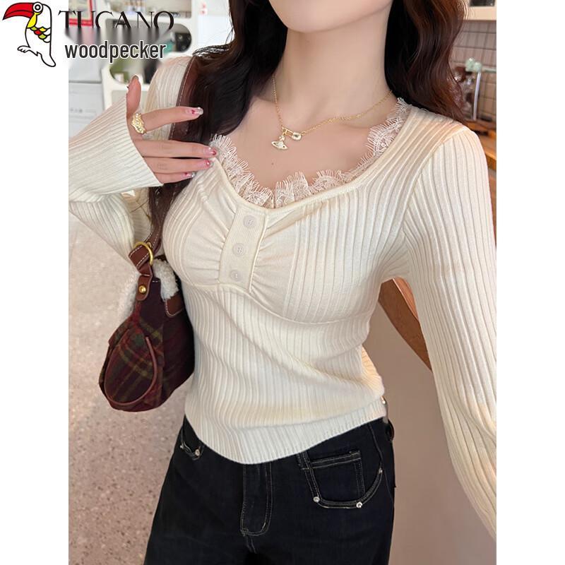 Woodpecker Women's V-Neck Lace Knit Top