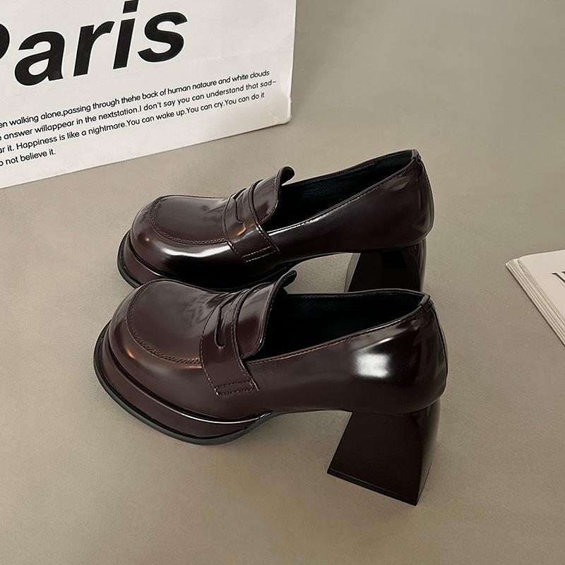 

Лоферы женские на платформе черные туфли для униформы на высоком каблуке маленькие кожаные туфли весна и осень новые ретро с открытым верхом на толстом каблуке одинарные туфли 39 бордовый