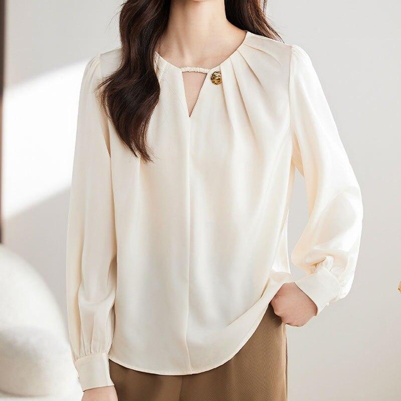 Office Lady Elegant Woman Skjorta Mode Chiffong Dam Blus Långärmad V-hals Kvinna Toppar Bottoming Kvinnliga Kläder 29311