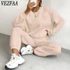 VEZFAA Women's Fashion Casual Spring Autumn Solid Color Print Long Sleeve O- Neck Trousers Pants Suits