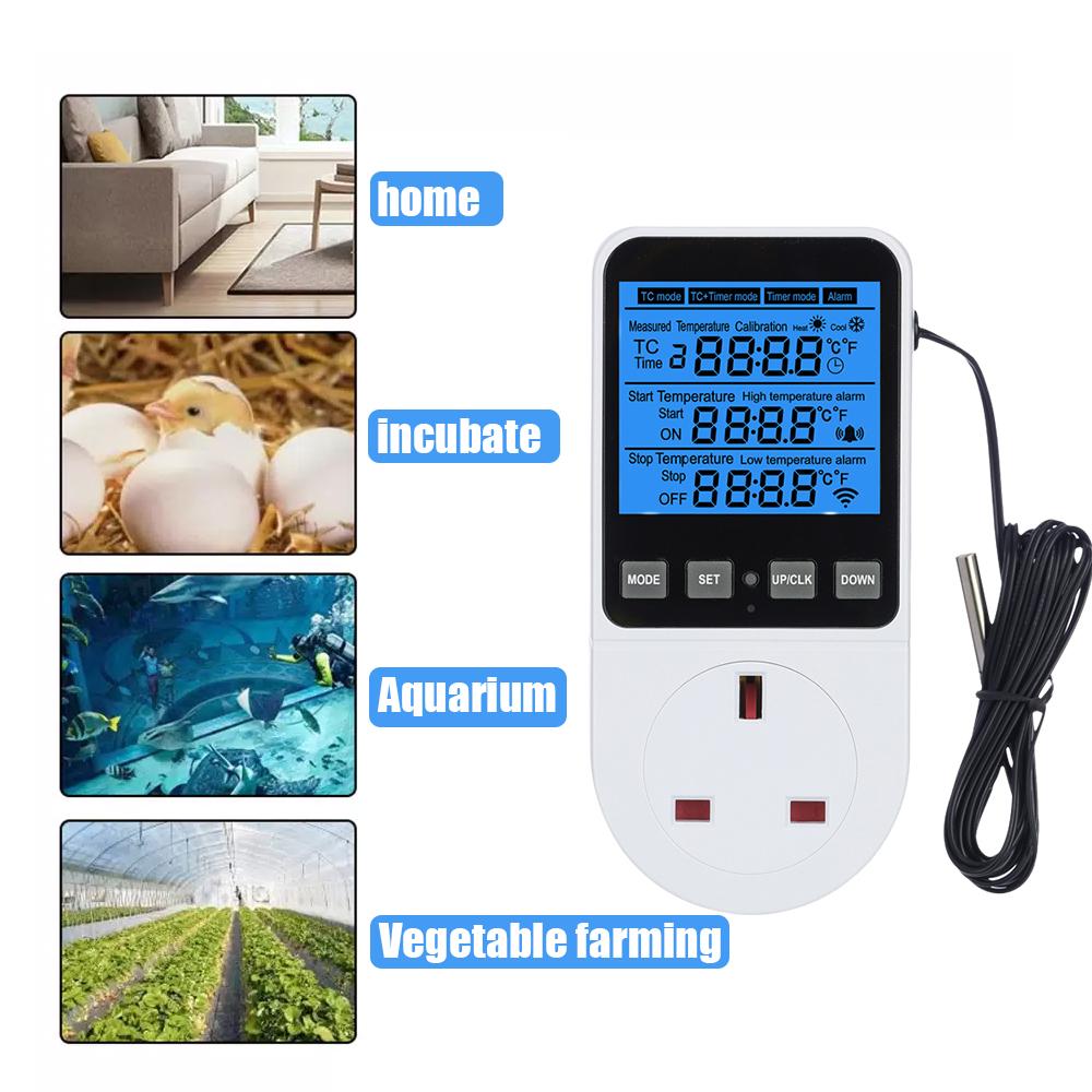 Timer Socket Thermostat Multi-Function Temperature Controller Outlet with Timer Switch Sensor Probe Heater Cool Tool