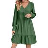 Women Casual V Neck Pleated High Waist Ruffle Trim Long Sleeve Loose Fit Dress Suitable for Everyday Wear and Various Occasions