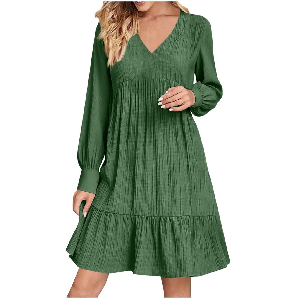 Women Casual V Neck Pleated High Waist Ruffle Trim Long Sleeve Loose Fit Dress Suitable for Everyday Wear and Various Occasions