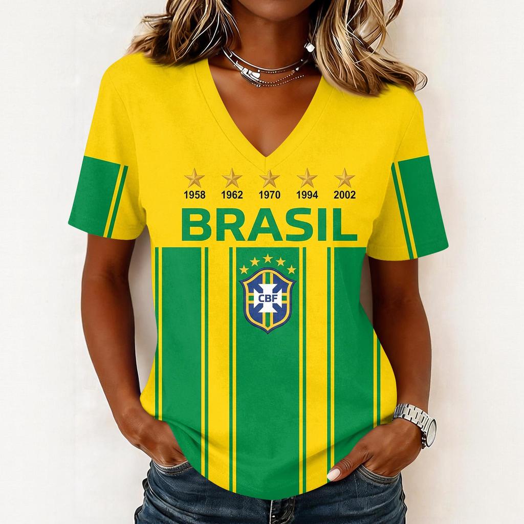 Women's Short Sleeve V-Neck T-Shirt with Soccer Flag Print for Casual Day Wear
