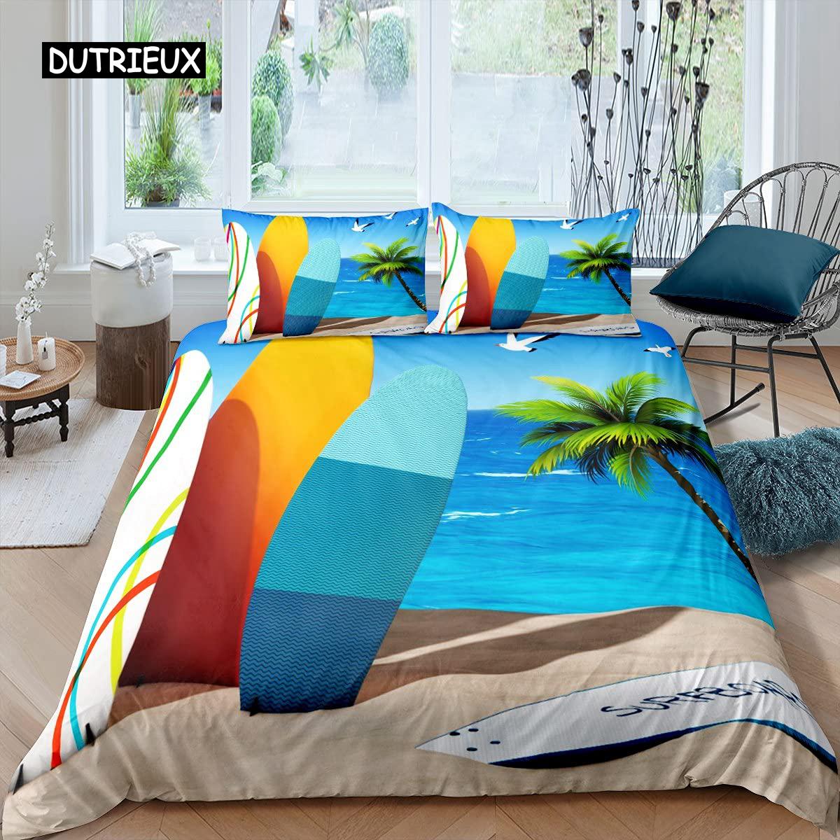 

Surfboard Duvet Cover Set Surfing Theme Comforter Cover Extreme Sports Games Blue Oceean Cartoon Style Bedding Set with Zipper 150x200cm 3pcs