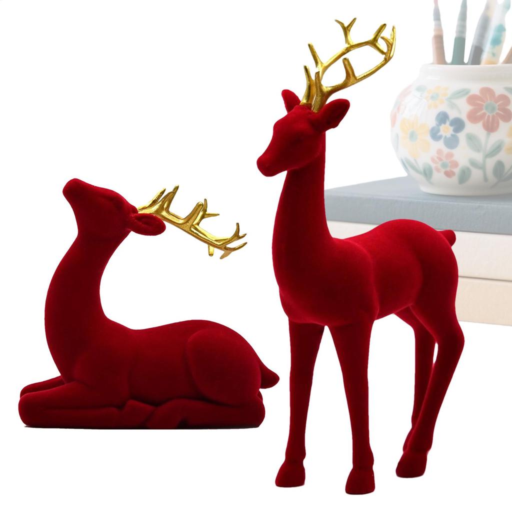 Christmas Deer Figurines Flocking Christmas Animals 2 Pieces Standing Sitting Sculpture Red Green Aesthetic Elk for Party