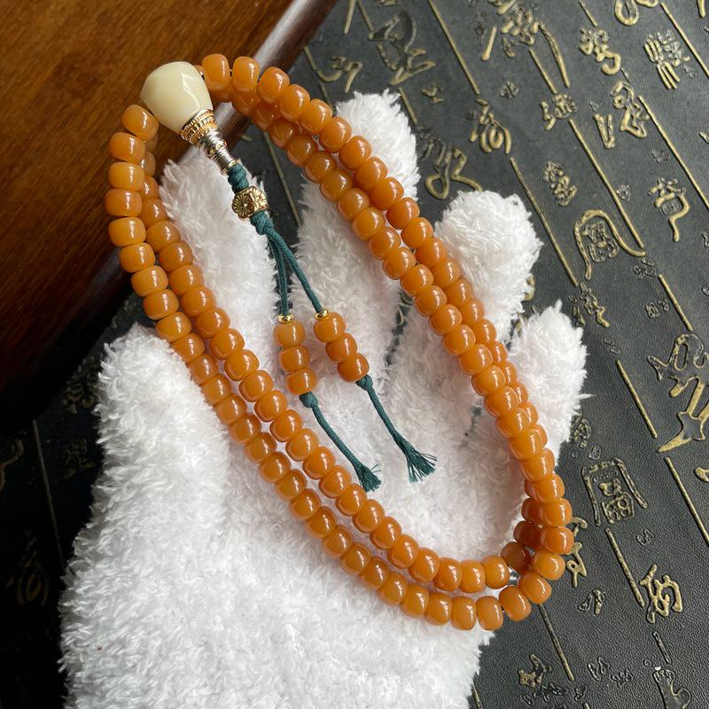 Honey Yellow Weathered Bodhi Seed Beads Mala Bracelet for Men and Women