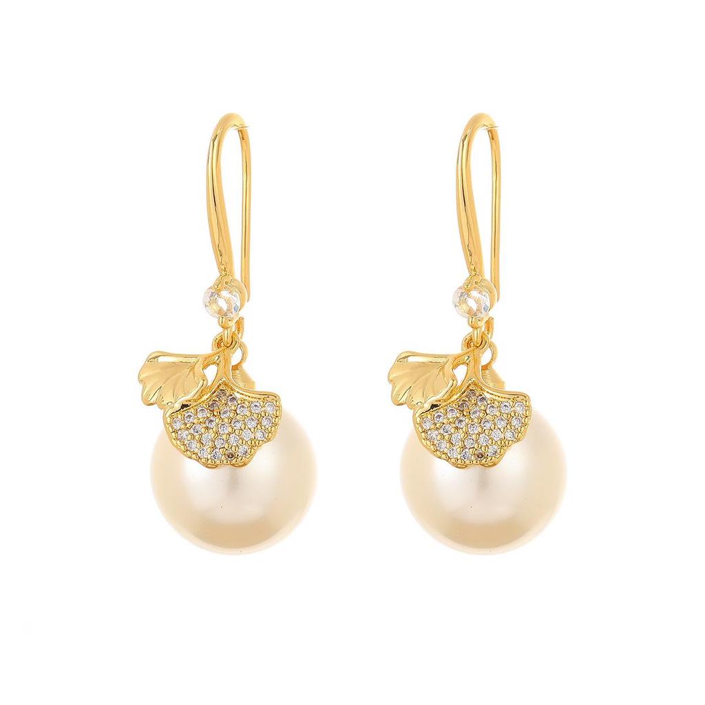 Ginkgo Leaf Zircon Earrings and Pearl Pendant Necklace Set: Luxury High-End Jewelry for Women