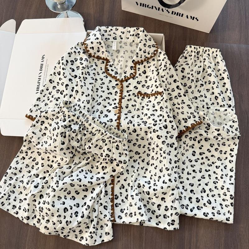 Three-piece set of cloud cotton - contrasting color Poldok cute short-sleeved shorts trousers loungewear women s pajamas set M