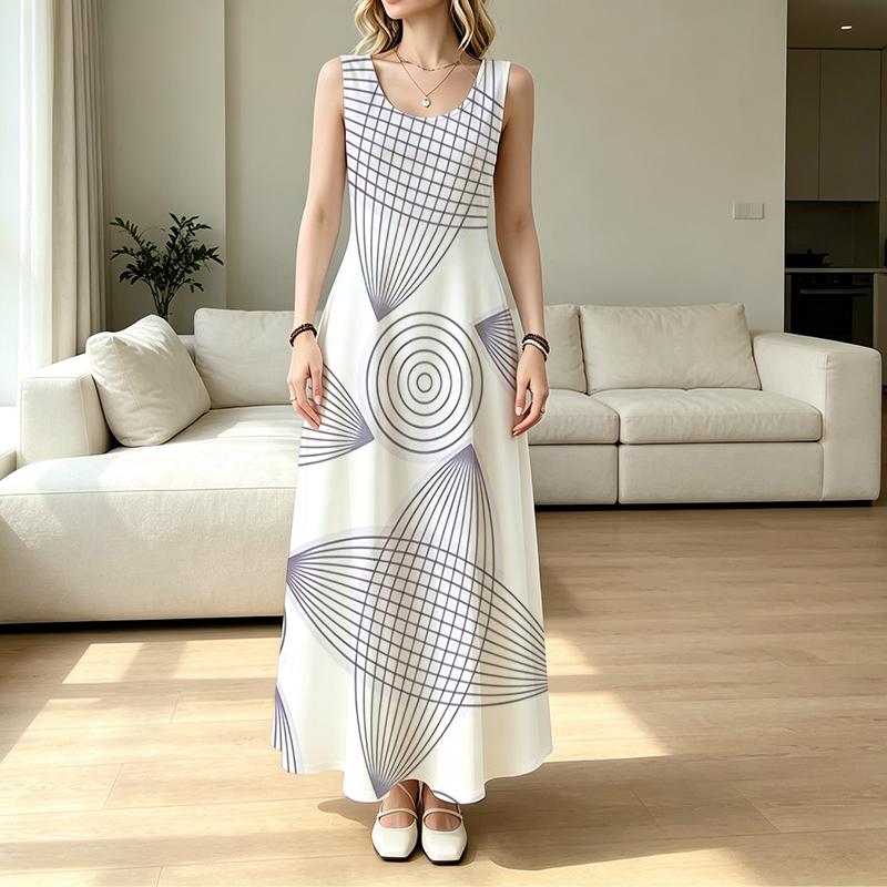 Women's Sleeveless Maxi Dress Summer Geometric Design Loose Lightweight Breathable Casual Picnic Daily Wear Stylish Versatile