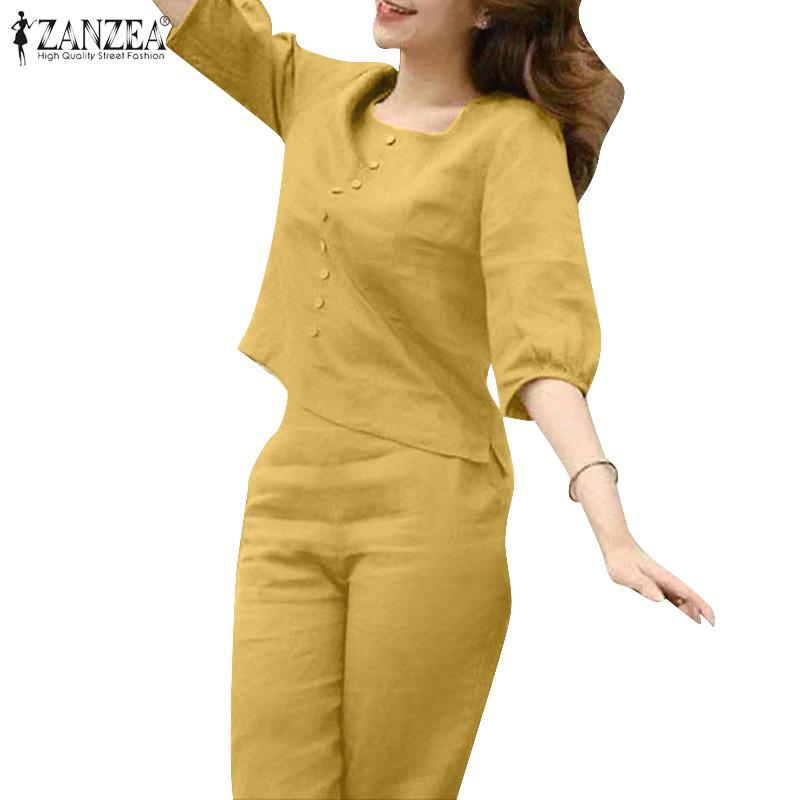 ZANZEA Womens Blouse and Pants Casual Two Piece Trousers Suit Set