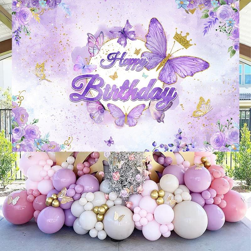 Pink Purple Butterfly Flower Birthday Backdrop Banner Butterfly Birthday Party Decoration Kids Wedding Birthday Girl Baby Shower