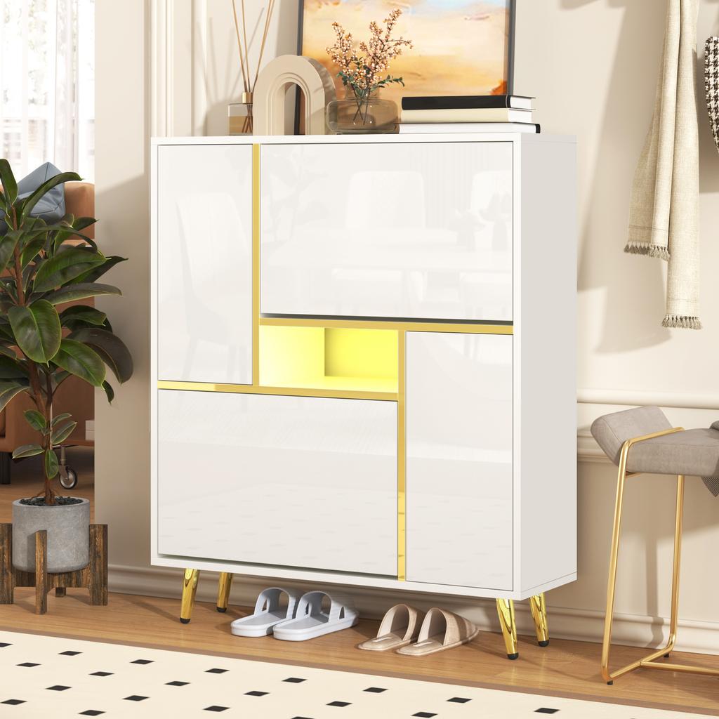 Modern Shoe Cabinet, White Shoe Cabinet with High-Gloss Front and 16-Color LED Light (80 x 25 x 96 cm)