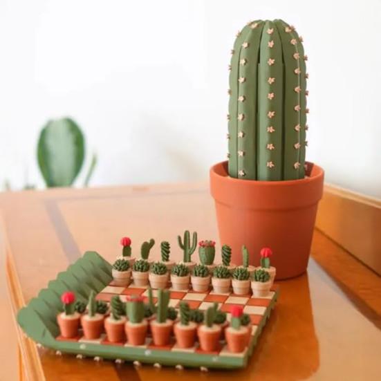 1/2 Sets Cactus Chess Game with Roll-up Chessboard Portable Travel 3D Printed Cactus Board Game Educational Chess Toy Decoration Plant Lovers Gift