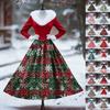 Women's Casual Dress Long-Sleeve V-Neck Patchwork Fleece Christmas Print Dress