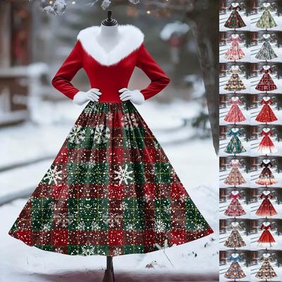Damen Freizeitkleid Langarm V-Ausschnitt Patchwork Fleece Weihnachtsprint Kleid