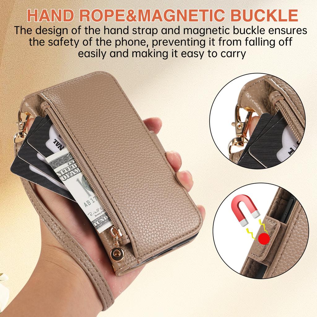 Wallet Case for Apple iPhone 17 ProMax- Zipper Crossbody Adjustable Lanyard Mirror Flip Shockproof Full Cover on iPhone 17/16/15/14/13/12/11/Plus/Pro