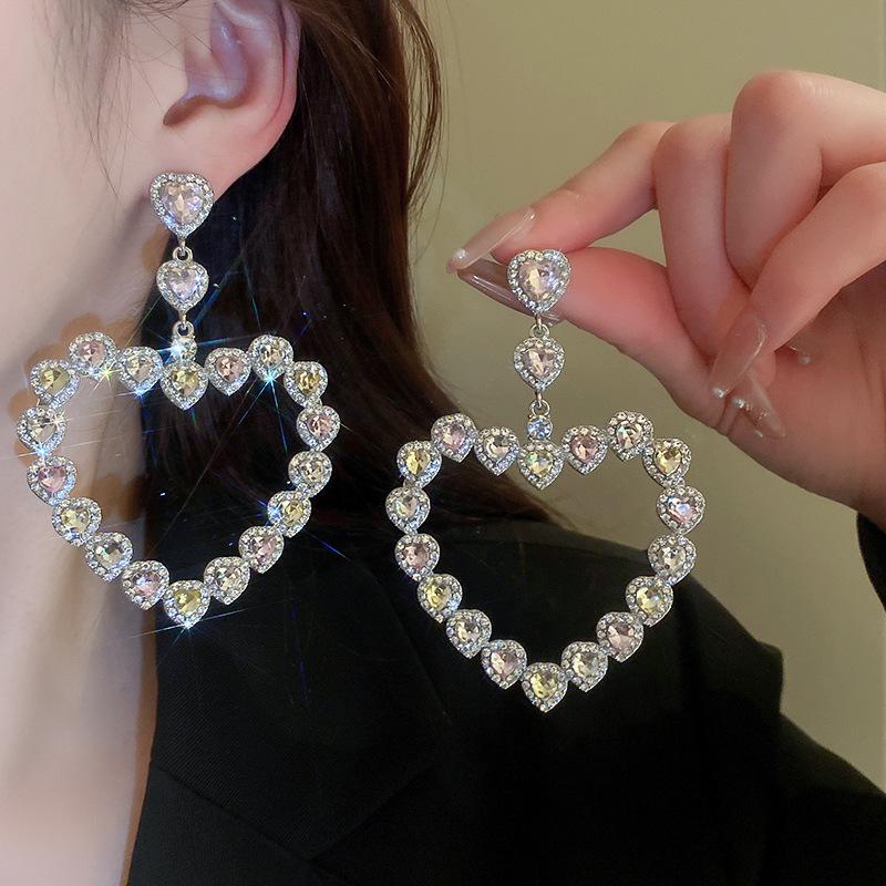 Boucles d'oreilles Cœur Strass Exagéré Argent Sterling: Mode Européenne & Américaine Haut de Gamme Luxe pour Femmes