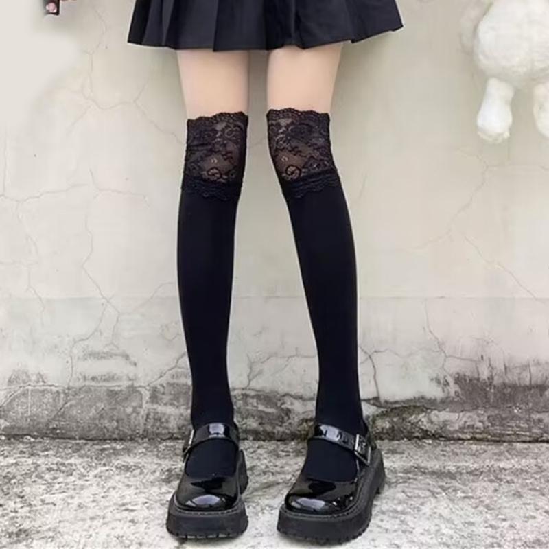 Women Lace Patchwork Knee High Socks Frilly Thigh High Stockings Cotton Leg Warmers Lolitas Long Boot Socks Calf Socks