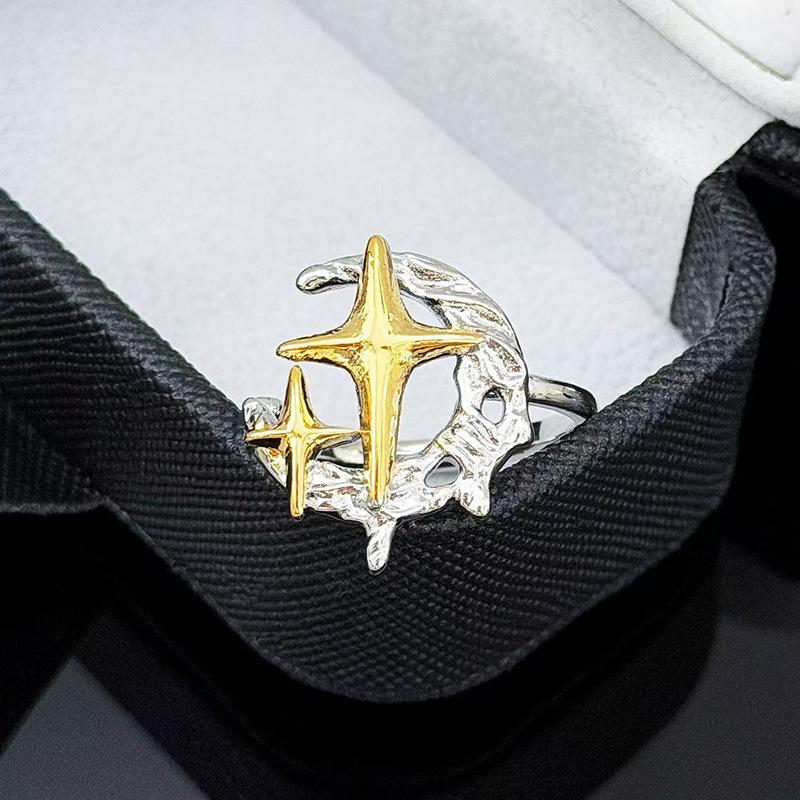 Color Four-Pointed Star, Moon, Star, Open Ring, Light Luxury, Now High-End Index Finger Ring, Stacking, Wearing Personalized Rings, Women