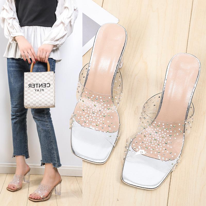 High-heeled Fish-mouth Cool Slippers, New Transparent Rhinestone Slippers, Fashionable Outer Wear, Thick-heeled Fashion Flip-flops.