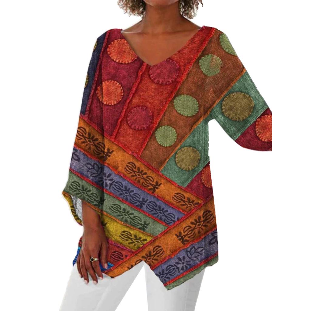 Women's V Neck 3/4 Sleeve Cotton Linen Tunic Top Loose Irregular Hem Bohemian Geometric Print Blouse
