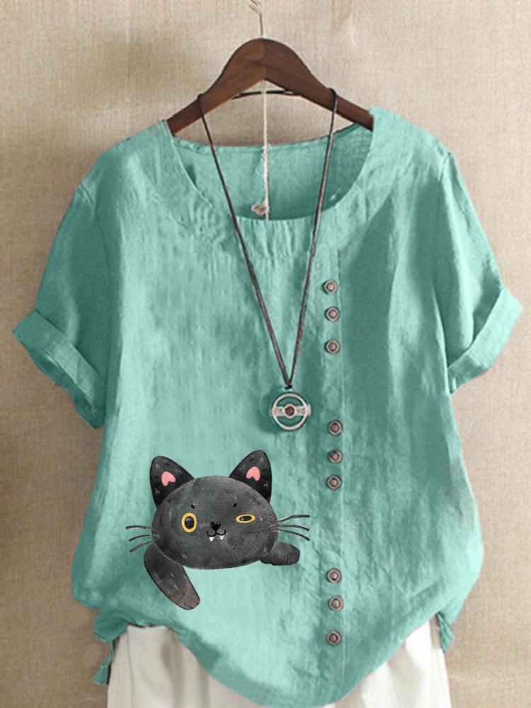 Women's Fashion Cat Printing Casual Cotton Linen Short Sleeve Round Neck T-shirt Shirt Leisure Loose Summer Blouse Tops