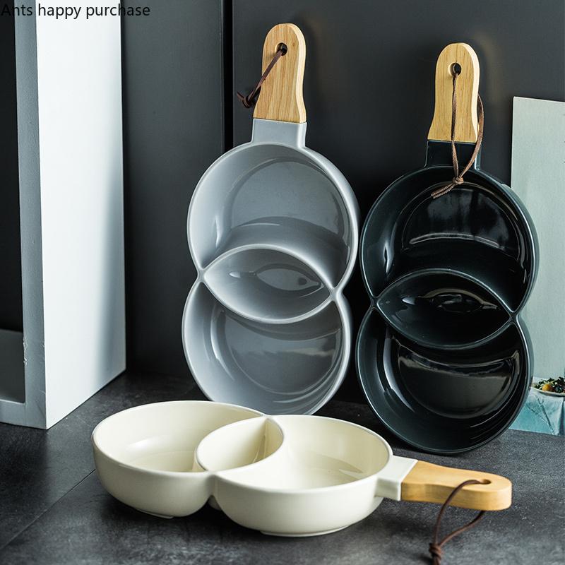 Nordic Ceramic Grid Snack Tray Dessert Plate Salad Bowl Household Kitchen Supplies Restaurant Tableware Fruit Decoration Tray