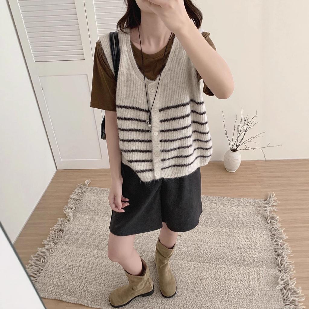 Nauja laisva ir universali berankovė liemenė-švarkas rudeniui ir žiemai, su retro dryžuota megzta liemene moterims